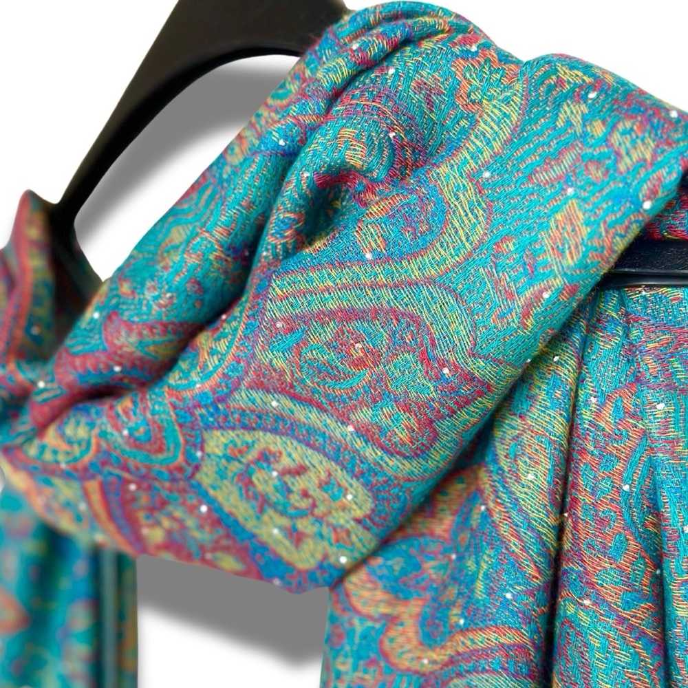 Teal Multi-Colored Sparkly Rhinestoned Pashmina Scarf Shawl Wrap